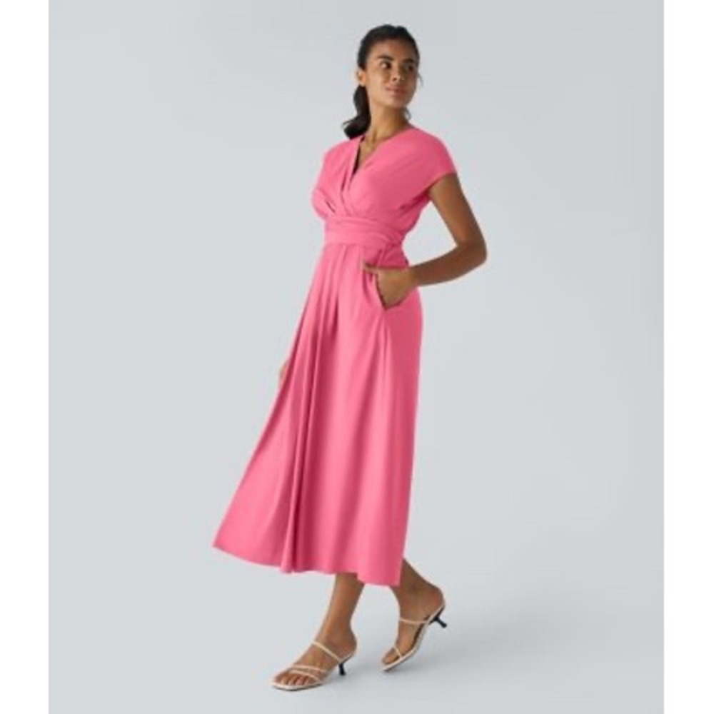 Halara Breezeful V Neck Short Sleeve Pocket Tie Back Pink Midi Dress Medium NEW